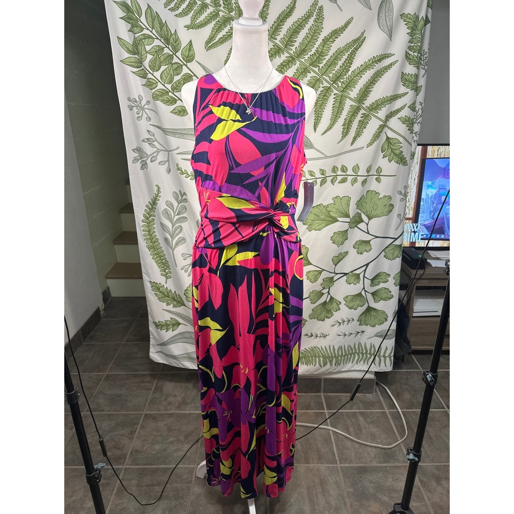 London Times Tropical Floral Twist Waist Maxi Dress Navy Pink Purple Size 10 NEW